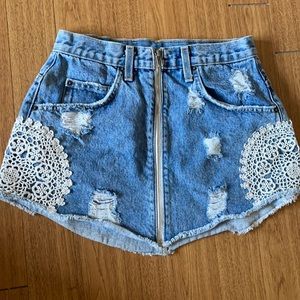 Denim carmar skirt with lace detail. Fully functional front zipper